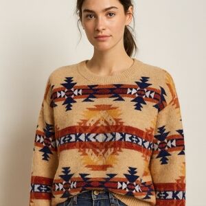 Lucky Brand Aztec Southwest Sweater Women’s Small -  Beige Multi Color